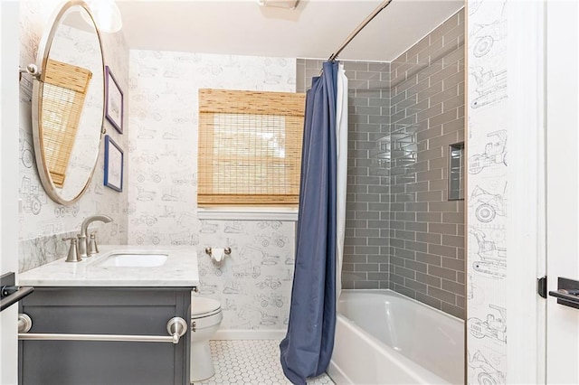 1329 W Nancy Creek Dr NE, Brookhaven, GA 30319 - full bath with wallpapered walls, toilet, shower / tub combo, tile patterned flooring, and vanity