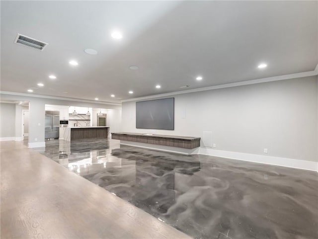 living room with crown molding and concrete flooring