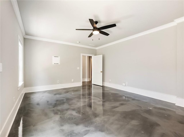 unfurnished room with ornamental molding and ceiling fan