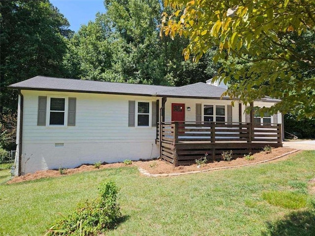 single story home featuring a front yard, roof with shingles, and crawl space