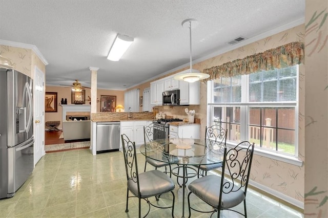 3573 Willow Tree Trce, Decatur, GA 30034 - dining room featuring healthy amount of natural light, crown molding, a textured ceiling, baseboards, and a ceiling fan