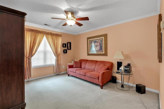 3573 Willow Tree Trce, Decatur, GA 30034 - carpeted living room featuring a ceiling fan, ornamental molding, baseboards, and a textured ceiling