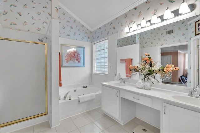 3573 Willow Tree Trce, Decatur, GA 30034 - bathroom with crown molding, vaulted ceiling, wallpapered walls, a stall shower, and a garden tub