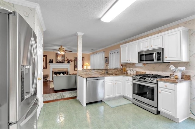 3573 Willow Tree Trce, Decatur, GA 30034 - kitchen with appliances with stainless steel finishes, a sink, a peninsula, crown molding, and white cabinets