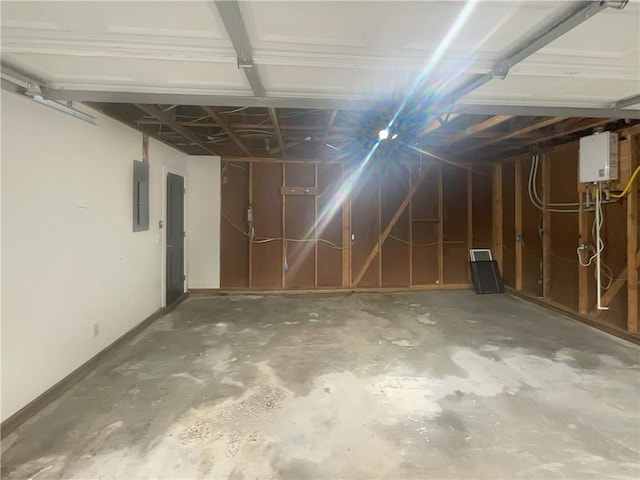 basement with electric panel and tankless water heater