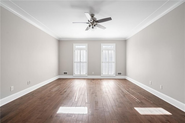 unfurnished room featuring ornamental molding, dark hardwood / wood-style floors, and ceiling fan