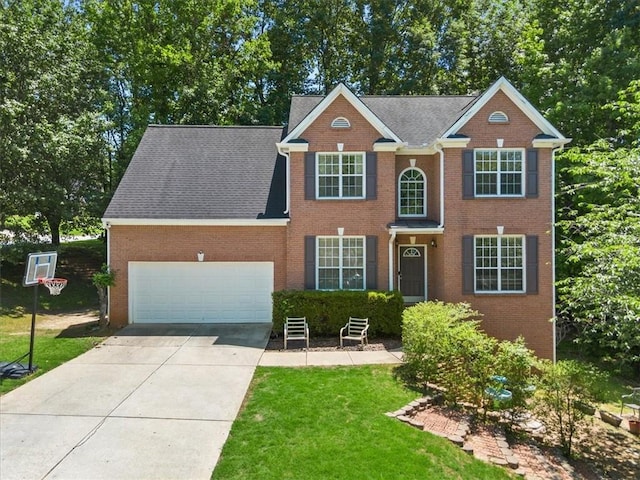 858 Red Rock Ct, Suwanee, GA 30024 - view of front of property with an attached garage, driveway, brick siding, and a front lawn