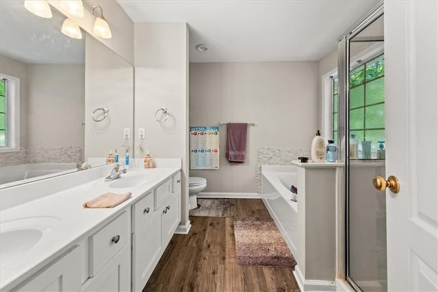 858 Red Rock Ct, Suwanee, GA 30024 - full bath featuring wood finished floors, a garden tub, double vanity, and an enclosed shower