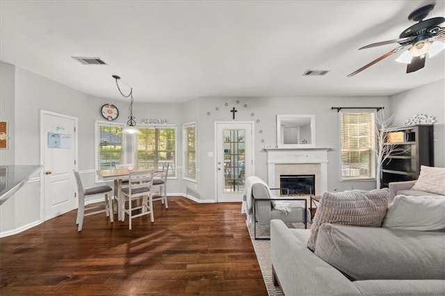 858 Red Rock Ct, Suwanee, GA 30024 - living area featuring hardwood / wood-style flooring, a glass covered fireplace, plenty of natural light, and a ceiling fan