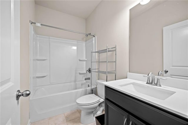 full bath featuring toilet, shower / bath combination, vanity, and tile patterned floors