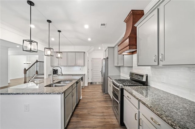 kitchen with gray cabinets, sink, stainless steel appliances, and decorative light fixtures