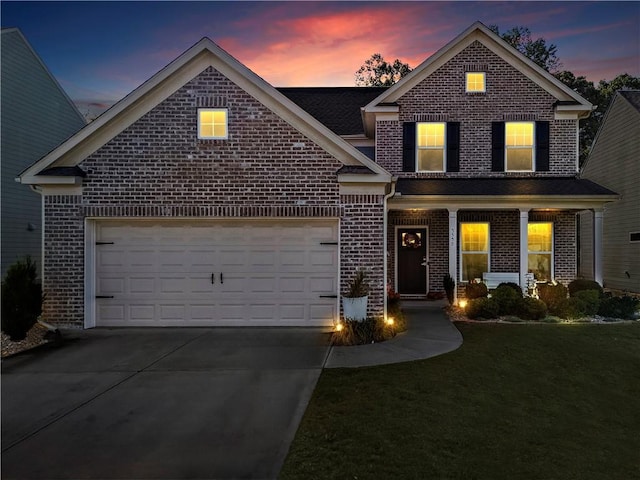 view of front property with a lawn and a garage