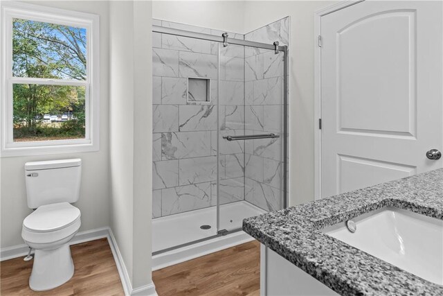 bathroom featuring vanity, hardwood / wood-style floors, toilet, and walk in shower