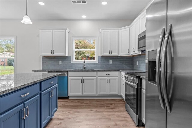 kitchen with white cabinetry, blue cabinets, stainless steel appliances, and sink