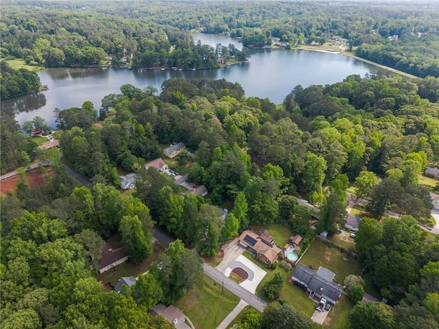 bird's eye view with a water view and a view of trees