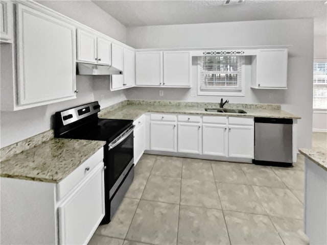 kitchen with sink, white cabinetry, electric range, dishwasher, and light stone countertops