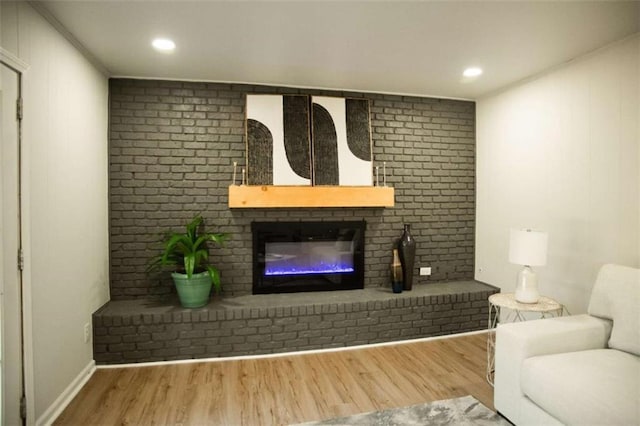 living room with hardwood / wood-style floors and a fireplace