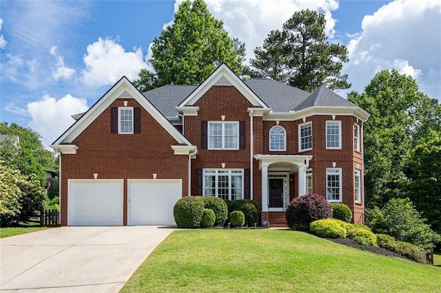 colonial inspired home with brick siding, a front yard, concrete driveway, and an attached garage