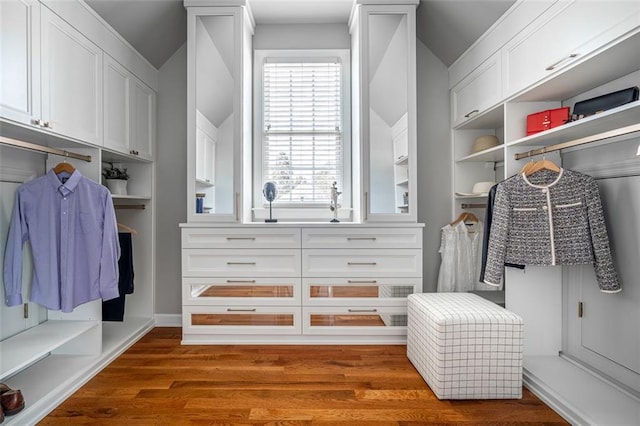walk in closet with wood finished floors
