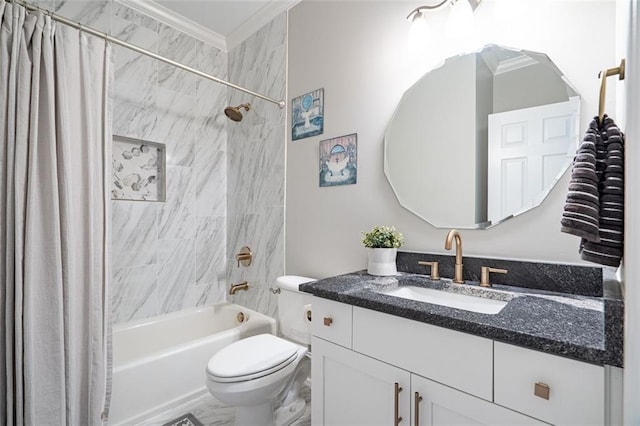 bathroom featuring crown molding, shower / tub combo with curtain, toilet, and vanity