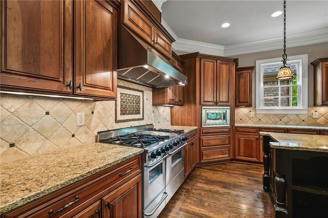 771 Tate Overlook, Marietta, GA 30064 - kitchen featuring appliances with stainless steel finishes, light stone countertops, tasteful backsplash, range hood, and ornamental molding