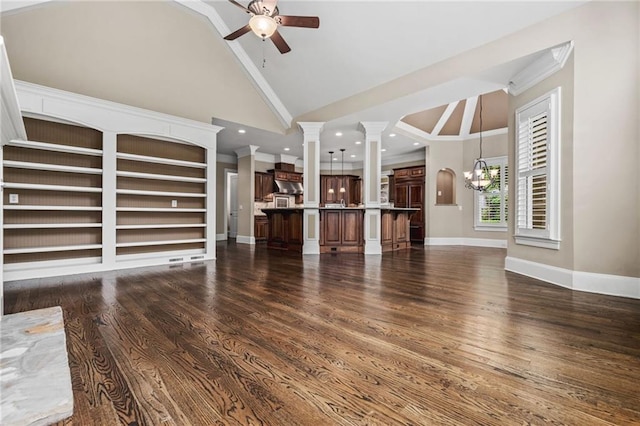 771 Tate Overlook, Marietta, GA 30064 - unfurnished living room featuring ornate columns, a ceiling fan, high vaulted ceiling, dark wood finished floors, and recessed lighting