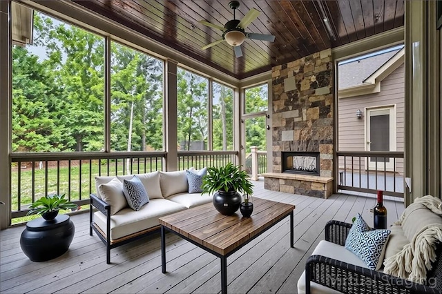 771 Tate Overlook, Marietta, GA 30064 - sunroom featuring an outdoor living space with a fireplace and ceiling fan