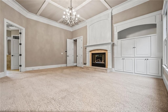771 Tate Overlook, Marietta, GA 30064 - unfurnished living room featuring carpet, a chandelier, a fireplace, coffered ceiling, and ornamental molding
