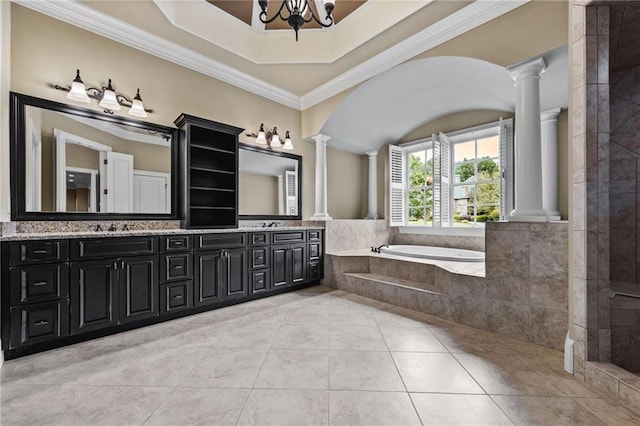 771 Tate Overlook, Marietta, GA 30064 - bathroom featuring decorative columns, double vanity, a garden tub, crown molding, and a chandelier