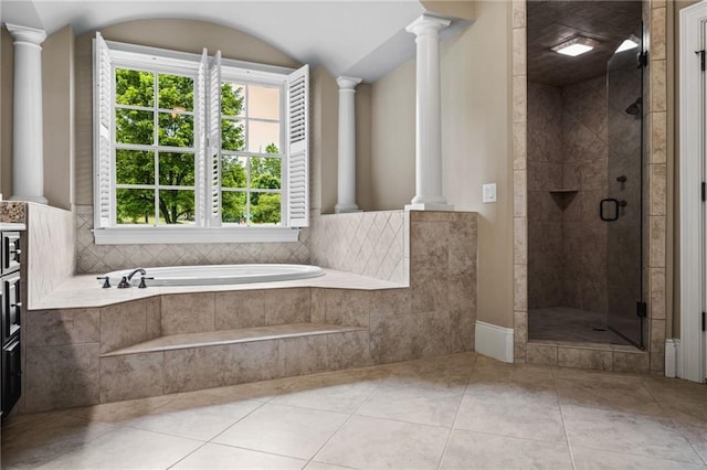 771 Tate Overlook, Marietta, GA 30064 - bathroom with a garden tub, a stall shower, ornate columns, and tile patterned floors