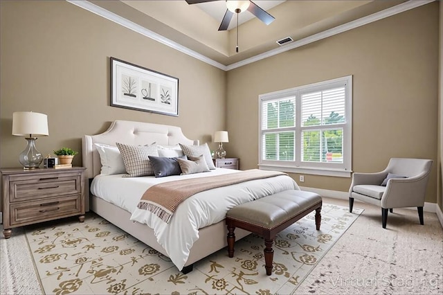 771 Tate Overlook, Marietta, GA 30064 - bedroom featuring crown molding, baseboards, light colored carpet, a ceiling fan, and a tray ceiling