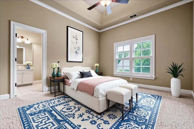 771 Tate Overlook, Marietta, GA 30064 - bedroom with light colored carpet, baseboards, ornamental molding, connected bathroom, and ceiling fan