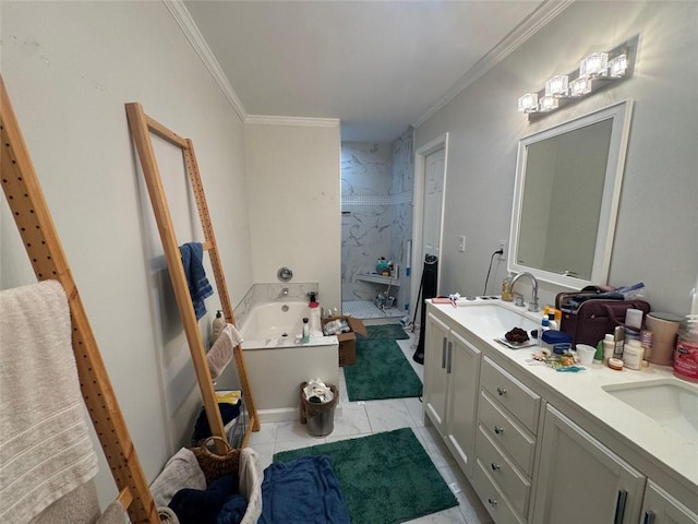 713 Pine Chase Ct, Lawrenceville, GA 30043 - full bathroom featuring a garden tub, double vanity, walk in shower, and crown molding