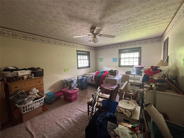 713 Pine Chase Ct, Lawrenceville, GA 30043 - bedroom with carpet, a textured ceiling, and a ceiling fan