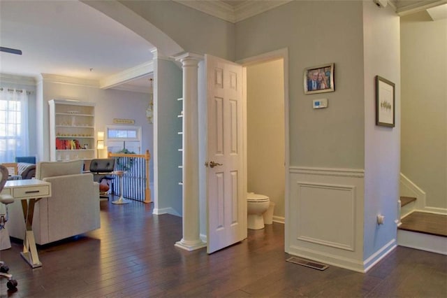 401 Iona Abbey Ct Unit 6, Smyrna, GA 30082 - hall with ornate columns, ornamental molding, wood finished floors, and stairway