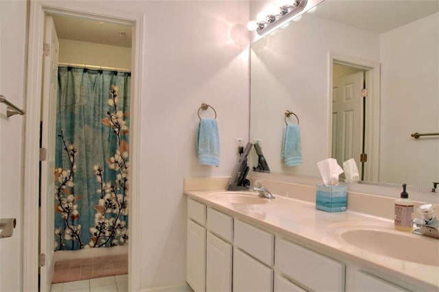 401 Iona Abbey Ct Unit 6, Smyrna, GA 30082 - bathroom featuring double vanity, tile patterned floors, and curtained shower