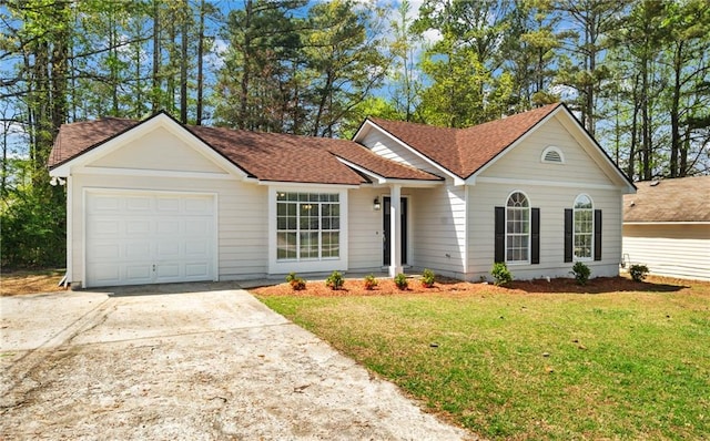 ranch-style home featuring a front lawn, roof with shingles, a garage, and concrete driveway