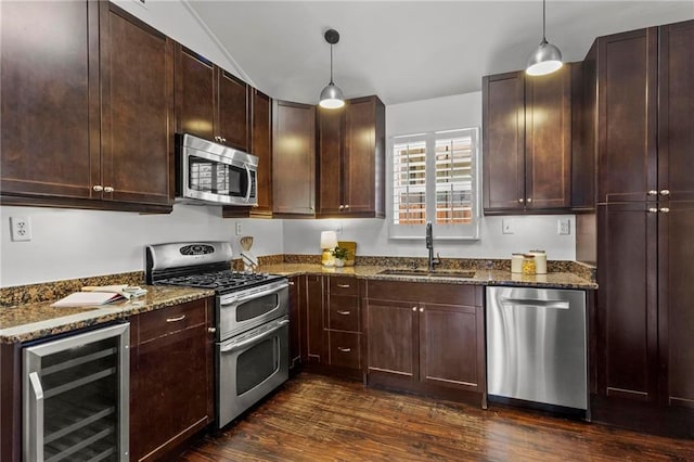 1734 8th St, Brookhaven, GA 30341 - kitchen with stainless steel appliances, beverage cooler, dark wood-type flooring, dark stone countertops, and vaulted ceiling