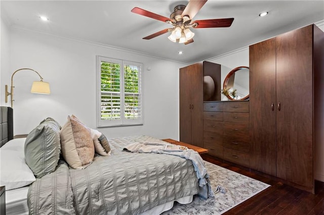 1734 8th St, Brookhaven, GA 30341 - bedroom with ornamental molding, dark wood-style floors, a ceiling fan, and recessed lighting