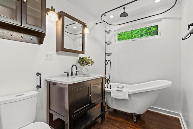 1734 8th St, Brookhaven, GA 30341 - bathroom with wood finished floors, a soaking tub, vanity, recessed lighting, and a shower