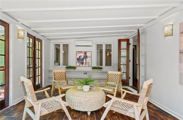 1734 8th St, Brookhaven, GA 30341 - sunroom / solarium with an AC wall unit, french doors, and beamed ceiling