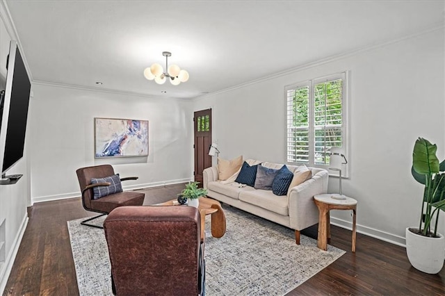 1734 8th St, Brookhaven, GA 30341 - living area with a chandelier, dark wood-style flooring, and crown molding
