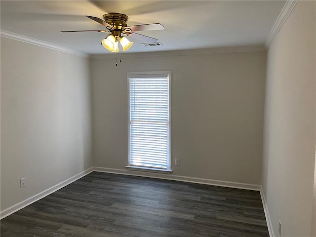 spare room featuring dark hardwood / wood-style flooring, ceiling fan, and ornamental molding