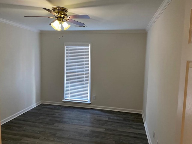 spare room with ceiling fan, dark hardwood / wood-style floors, and ornamental molding