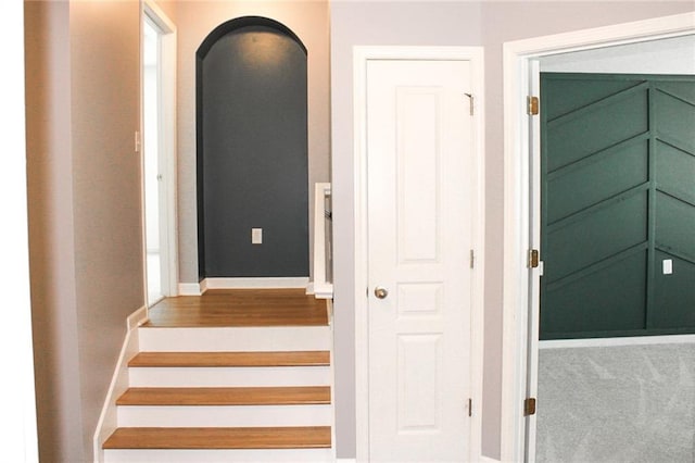 stairway with carpet flooring and arched walkways