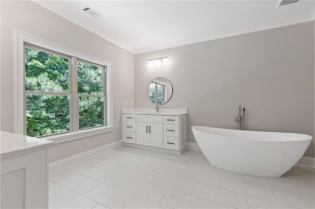 bathroom featuring a bathing tub, vanity, and crown molding