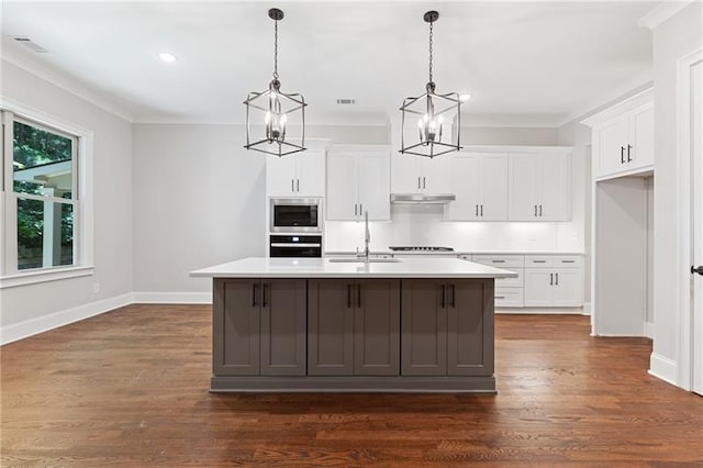 kitchen featuring appliances with stainless steel finishes, decorative light fixtures, white cabinetry, an island with sink, and sink