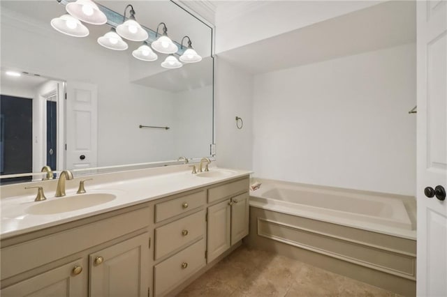 bathroom with a tub to relax in, tile patterned flooring, and double vanity