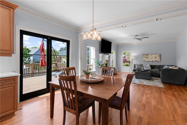 dining space with plenty of natural light, ceiling fan, ornamental molding, and light wood-type flooring