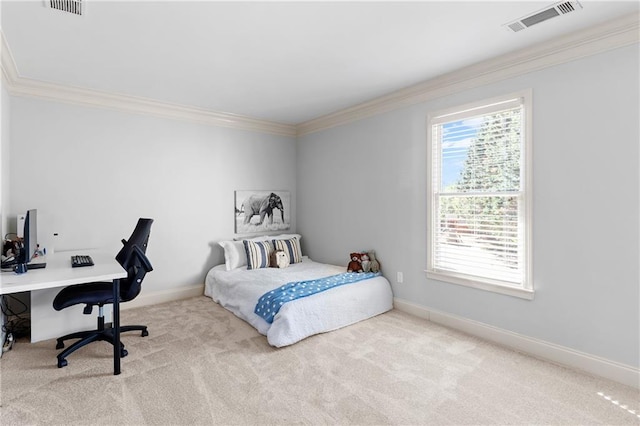 carpeted bedroom with visible vents, ornamental molding, and baseboards